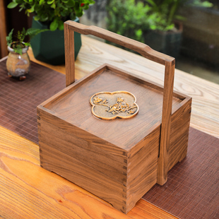 黑胡桃实木提盒便携茶盒食盒木质收纳盒新中式手提盒多层茶道摆件