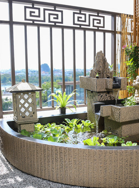 创意阳台鱼池水景花园布置庭院水池装饰造景假山盆景植物流水摆件