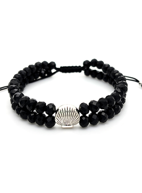欧美跨境复古贝壳手链黑色切面水晶珠双层串珠编织可调节手链