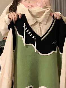 学院风不规则慵懒拼色V领针织马甲背心毛衣叠穿绑带衬衫 两件套装
