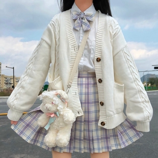 日系学生jk制服毛衣宽松麻花针织开衫女外套外穿上衣加厚长袖V领