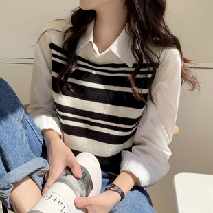 女 秋季 新款 宽松慵懒风黑白条纹坎肩针织马甲背心搭配衬衫 两件套装