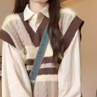 叠穿毛衣背心撞色v领两件套装 学院风美拉德针织马甲慵懒复古衬衫