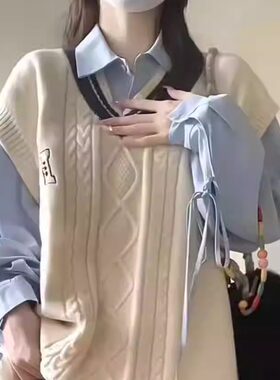秋冬学院风V领毛衣针织马甲背心女宽松叠穿坎肩马夹衬衫学生套装