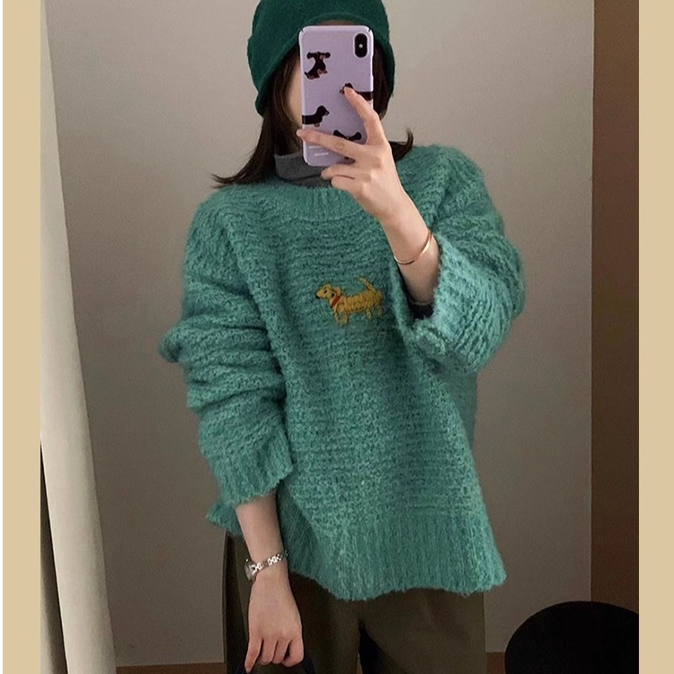 秋冬加厚慵懒小狗羊毛混纺毛衣女