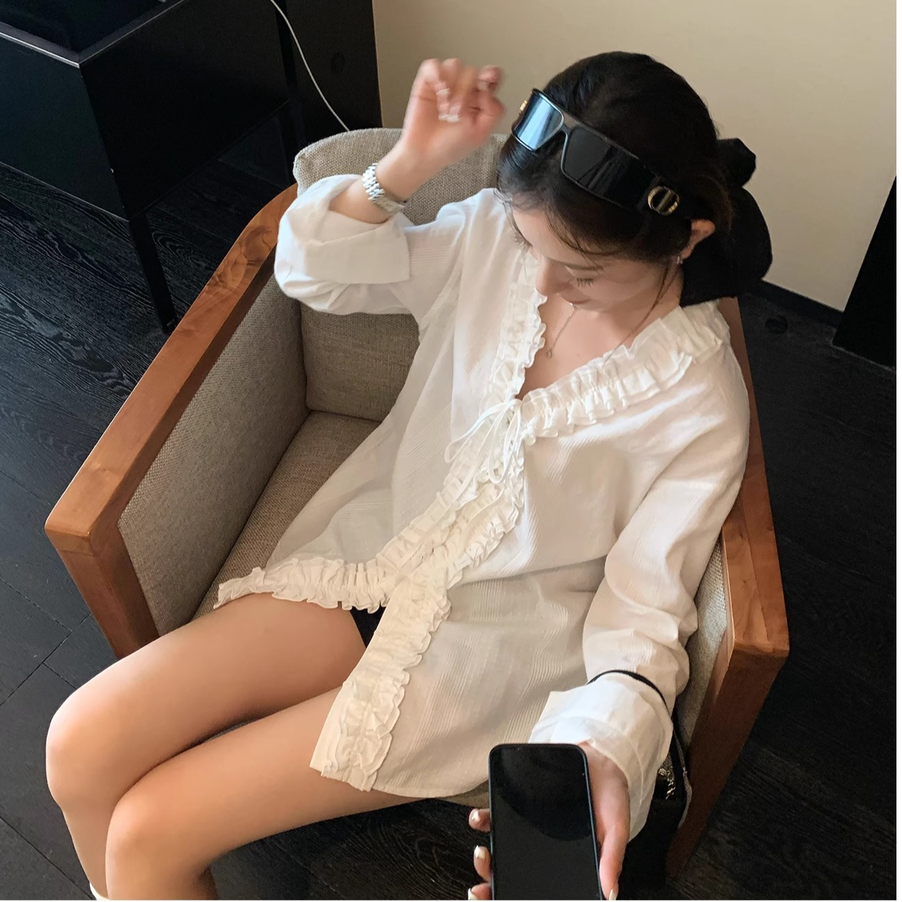 高端货~法式绑带长袖衬衫女初秋韩系木耳花边浪漫V领衬衣上衣