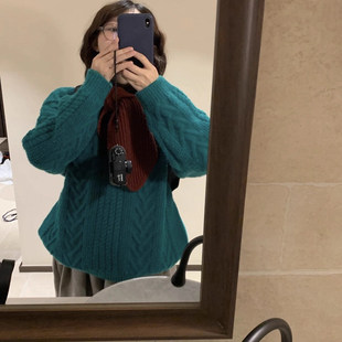 高端货~复古绿麻花毛衣女秋冬新款韩系圣诞简约慵懒宽松针织衫