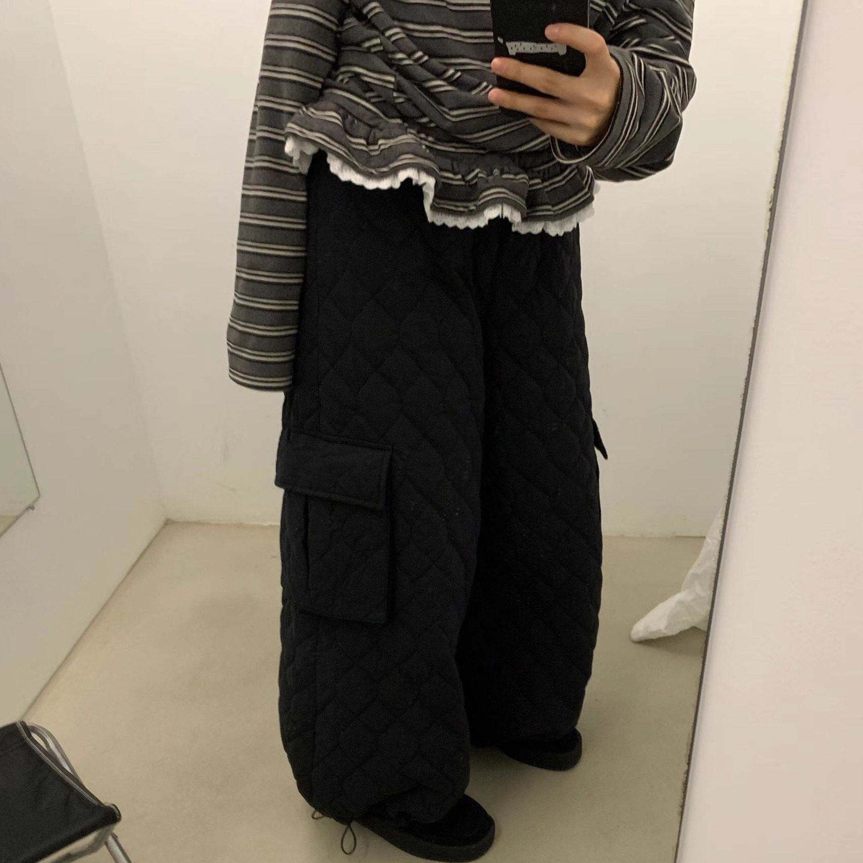 高端货~菱形格纹束脚工装棉裤松紧腰抽绳工装风保暖休闲长裤