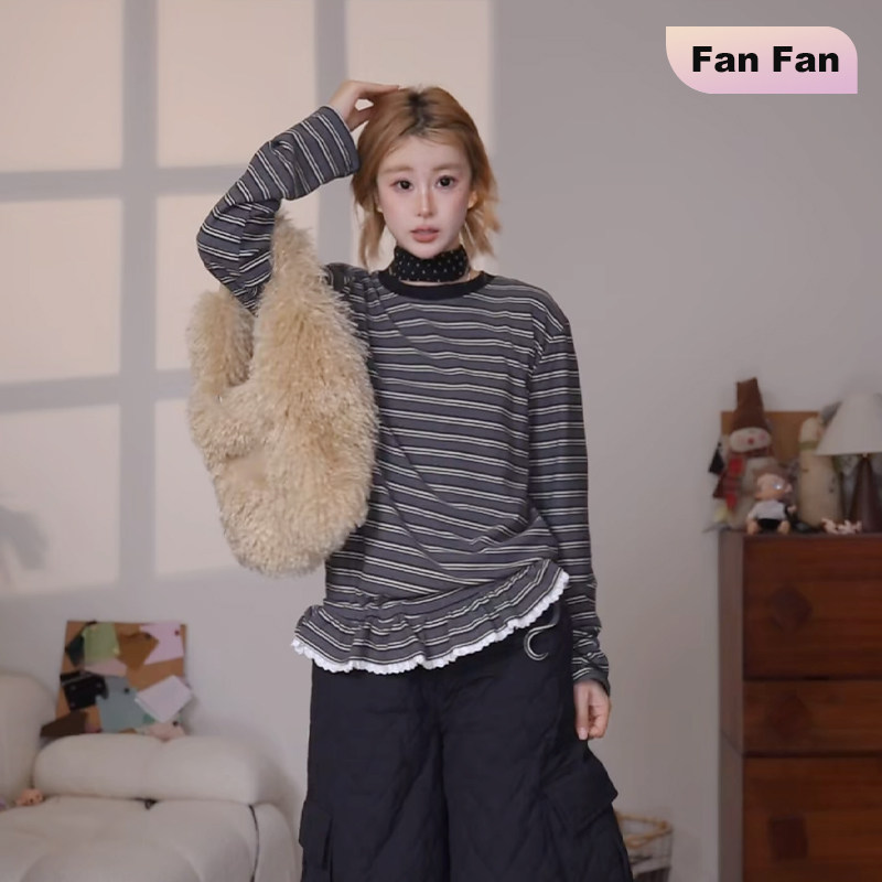 高端货~条纹磨毛长袖T恤女秋冬宽松加厚花边拼接下摆设计感上衣