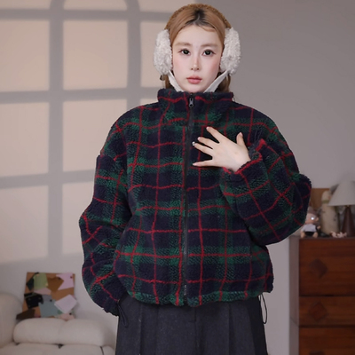 撞色格纹立领拉链羊羔毛外套