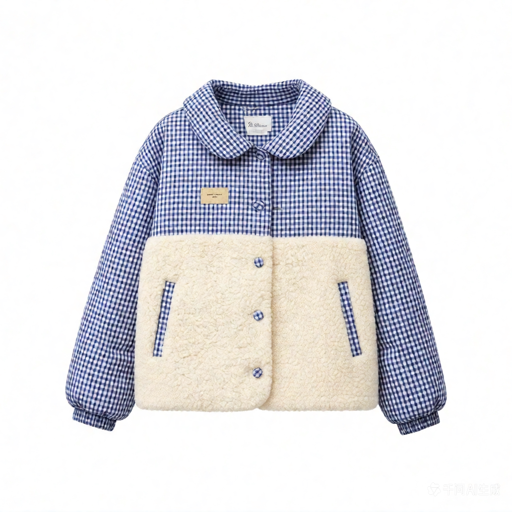 2026羊羔毛蓝格短款娃娃领棉服