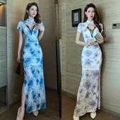SPA技师工衣群 柔式 复古典雅名媛花色改良旗袍新中式 国风开叉修身