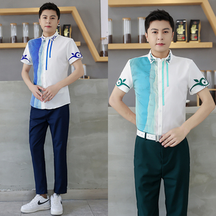 收银前台营销工作服男女同款印花衬衣楼面ktv少爷服服务员工衣