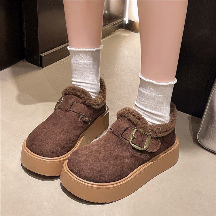 2025春季新款一字式扣带牛反绒磨砂皮棉橡胶松糕底圆头可可棕