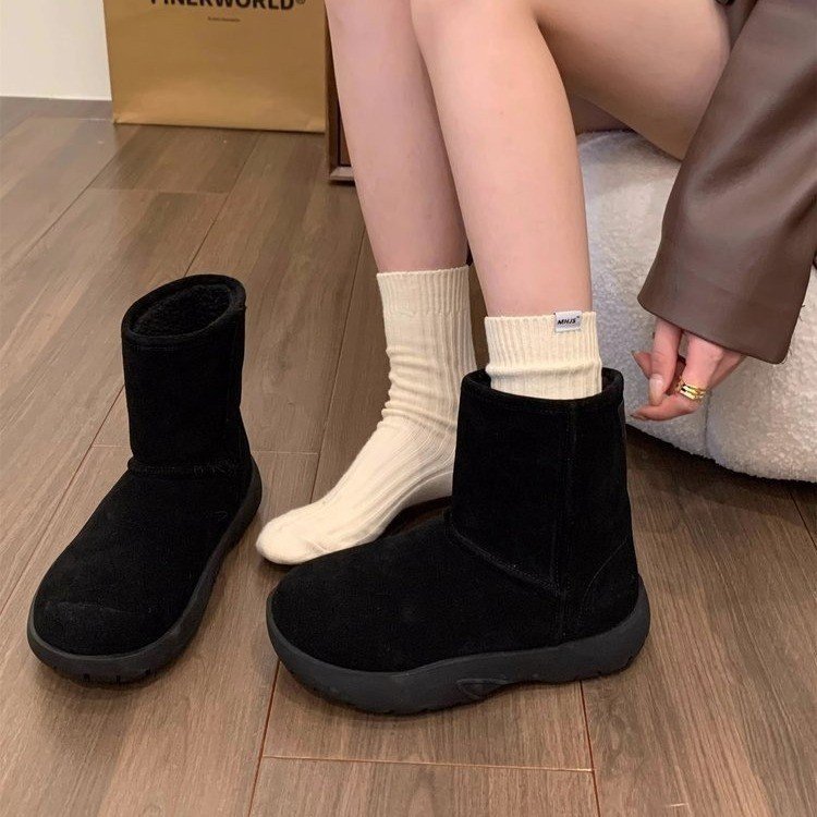 2025冬季新款女鞋橡胶冬季牛反绒磨砂皮套筒2025年春季人