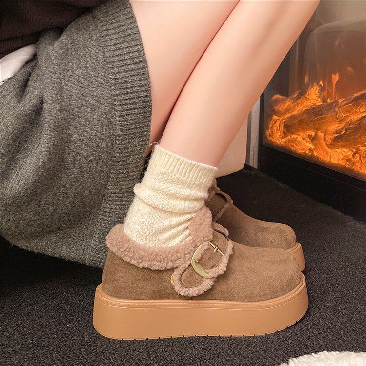 2025春季新款可可棕深口高跟(5-8cm)一字式扣带松糕底