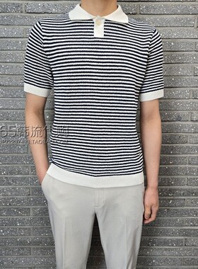 BASSO HOMME韩国代购25年夏季韩版翻领条纹时尚针织短袖Polo衫2色