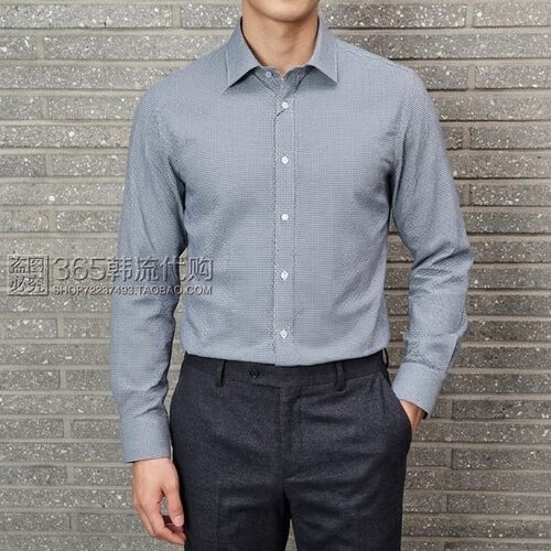 BASSO HOMME韩国专柜代购2026年秋季蓝色方领格子休闲长袖衬衫男