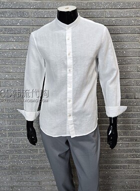 BASSO HOMME韩国代购25年春季韩版修身白色立领亚麻休闲长袖衬衫