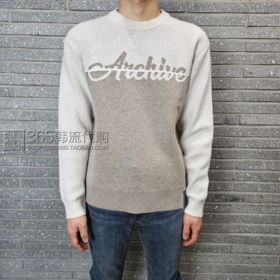 BASSO HOMME韩国代购2024年秋季米色圆领拼接字母流行长袖羊毛衫