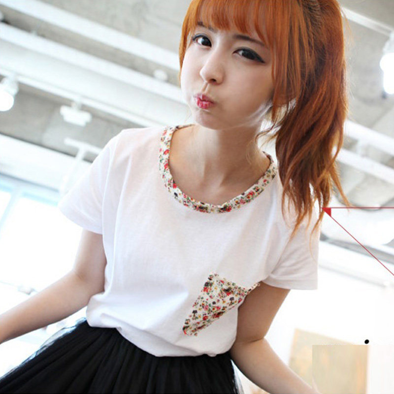 韩版夏季可爱碎花领口袋圆领短袖T体恤女装纯棉ulzzang在类目 女装/女士精品, T恤中 - 来自Buy2taobao.com提供专业的淘宝代购服务