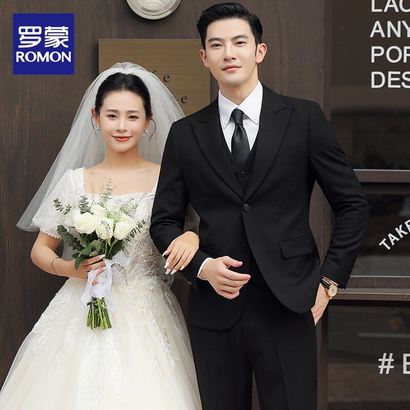 罗蒙羊毛西服套装男士商务职业正装高端西装订婚英伦新郎结婚礼服