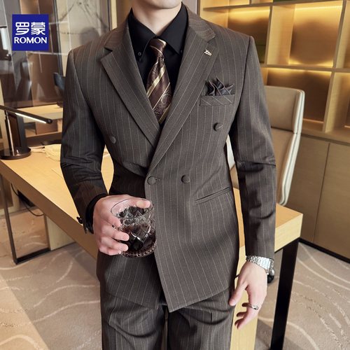 罗蒙条纹西装男套装新郎结婚礼服