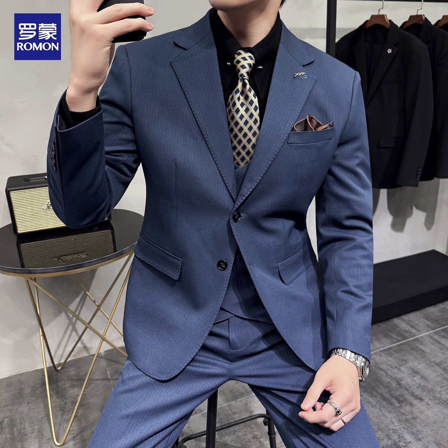 罗蒙西服套装男士商务正装高级感修身条纹西装英伦风新郎结婚礼服