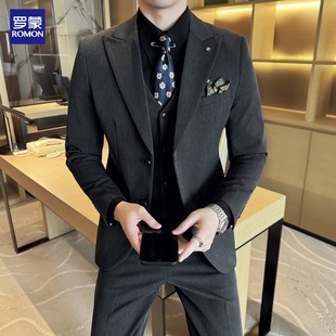 罗蒙西服套装男士商务正装上班高级感戗驳领修身西装新郎结婚礼服