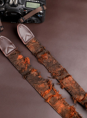 原创牛皮头流苏渐变橙色相机背带单反肩带可斜挎适用尼康富士佳能