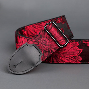 原创牛皮头红色大花通用吉他背带适用电吉他电贝斯民谣木吉他斜挎