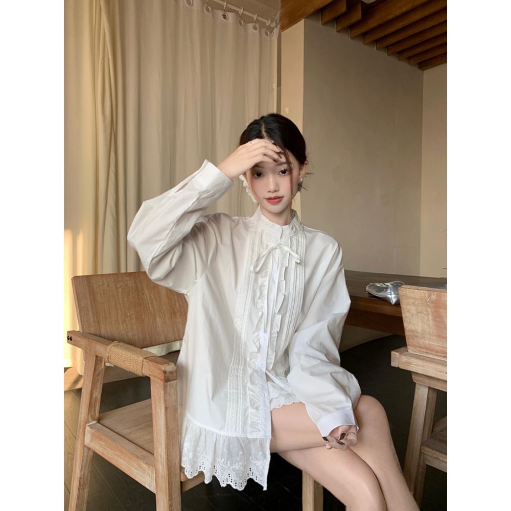 蝴蝶结系带蕾丝拼接白色衬衫女春季法式设计感宽松中长款长袖衬衣