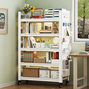 带轮家用钢制书架落地置物架多层儿童围栏书柜收纳储物架一体靠墙