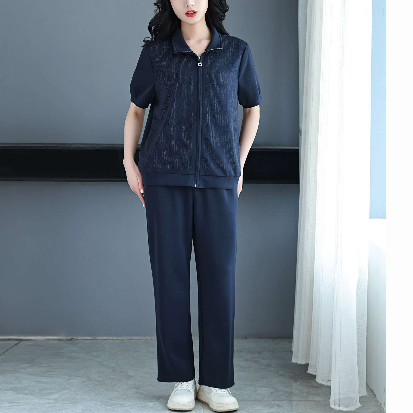 胖妈妈夏季短袖拉链套装时尚大码中老年女装休闲运动外出服两件套