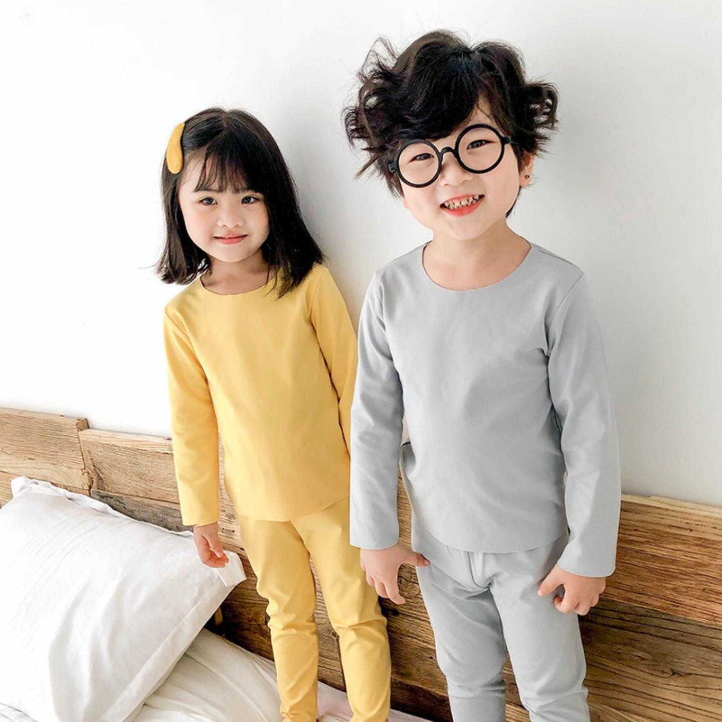 儿童内衣套装宝宝秋冬居服男童女童纯色德绒两件套童装一件保暖