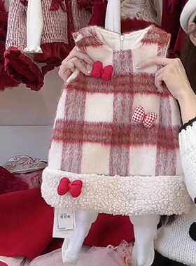 女童秋冬加厚公主裙红色新年爆款