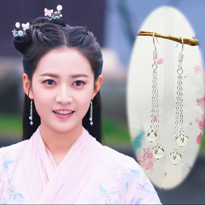 s925银耳钩两世欢同款耳环清离陈钰琪汉服耳饰猫眼古风耳夹无耳洞