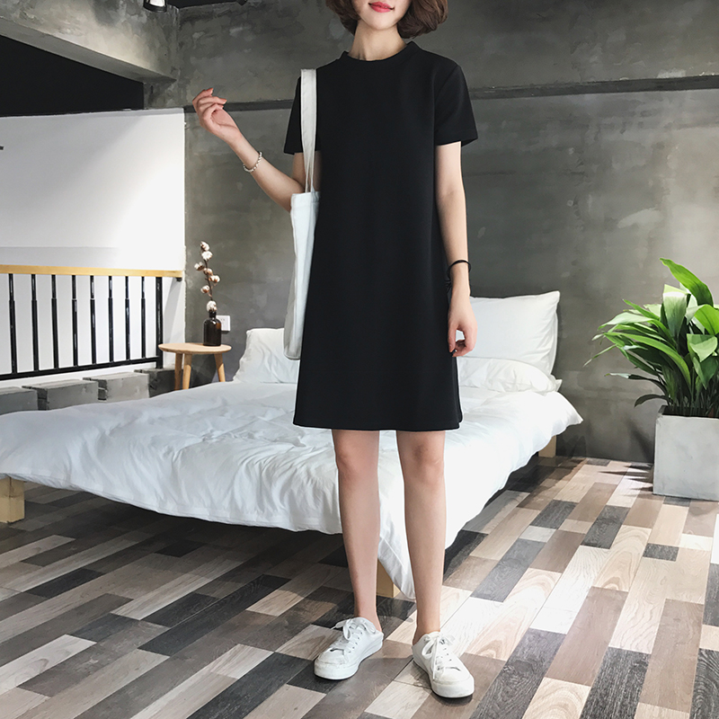 A7SEVEN显瘦小黑裙女2019春夏韩版宽松中长款短袖连衣裙A字打底裙10-10新券