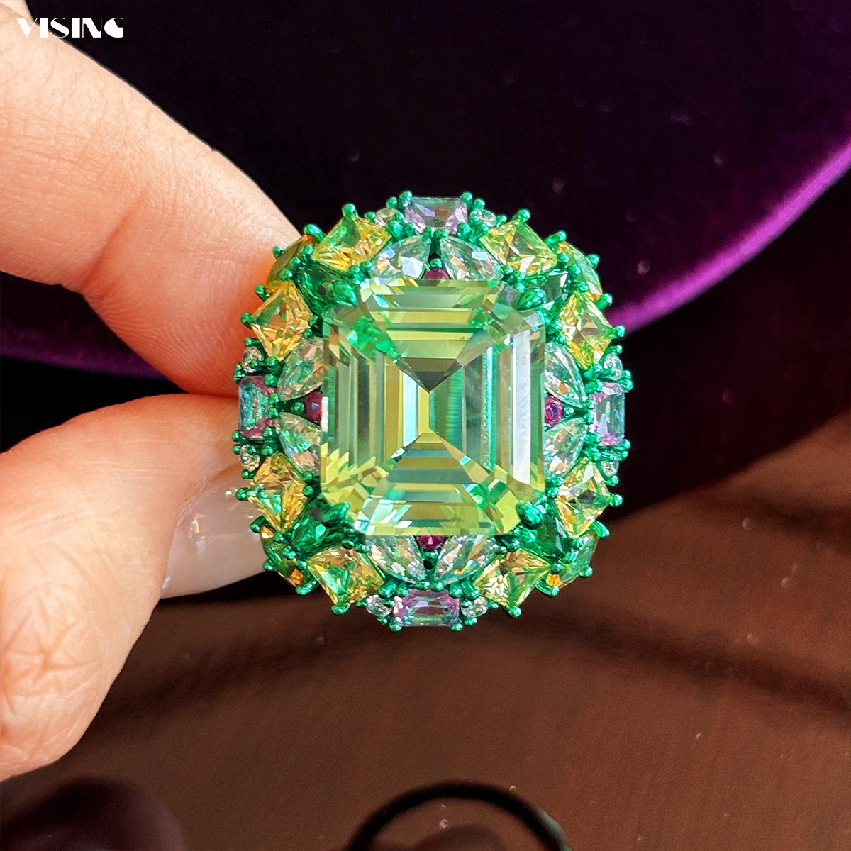 【珠宝展】VISING《花境绮梦》培育绿色蓝宝石彩拼戒指S925银20ct