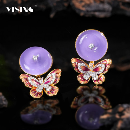 VISING珠宝珐琅彩蝴蝶福叠紫罗兰平安扣百搭耳钉耳环S925银