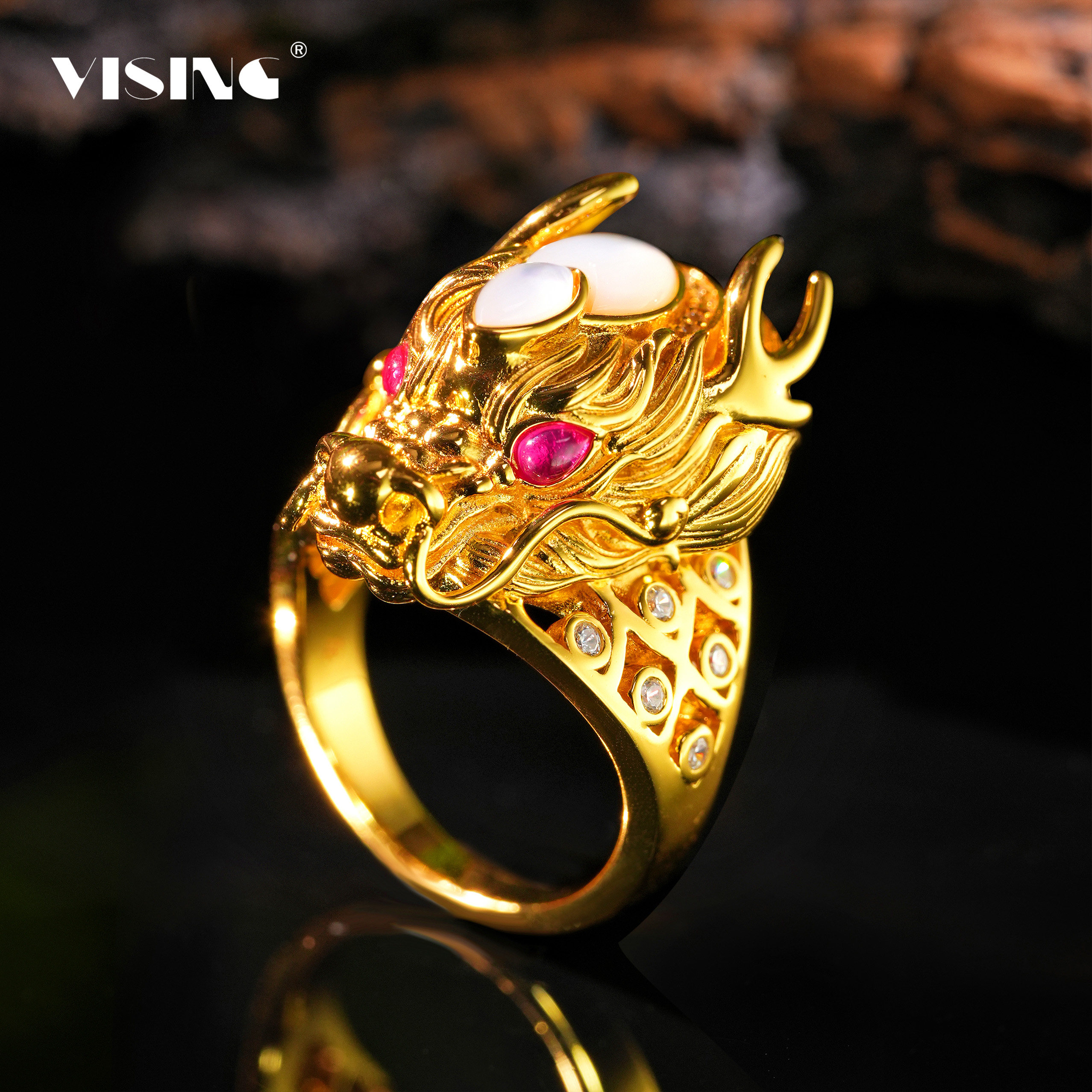 VISING珠宝培育红宝石【国检】黄金色金龙戒指霸气指环S925银