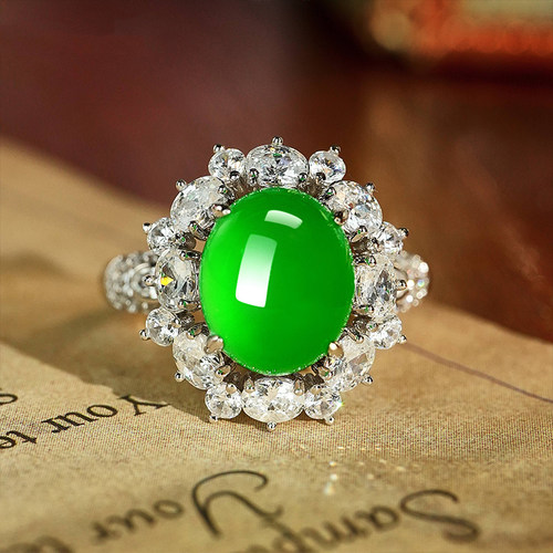 VISING冰种马料绿玉髓玛瑙高碳钻戒指手饰气质媲美翡翠S925银