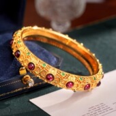 VISING珠宝培育红宝石宫廷风传承金色花丝镂空镶嵌手镯