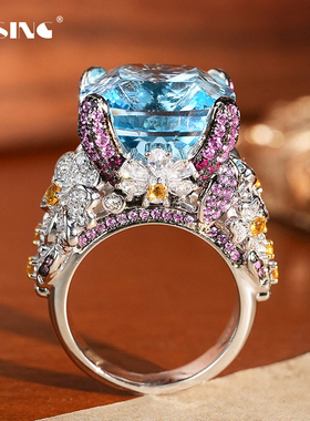 VISING珠宝21克拉花朵海蓝宝色托帕石圣玛利亚BB蓝大方戒指手饰