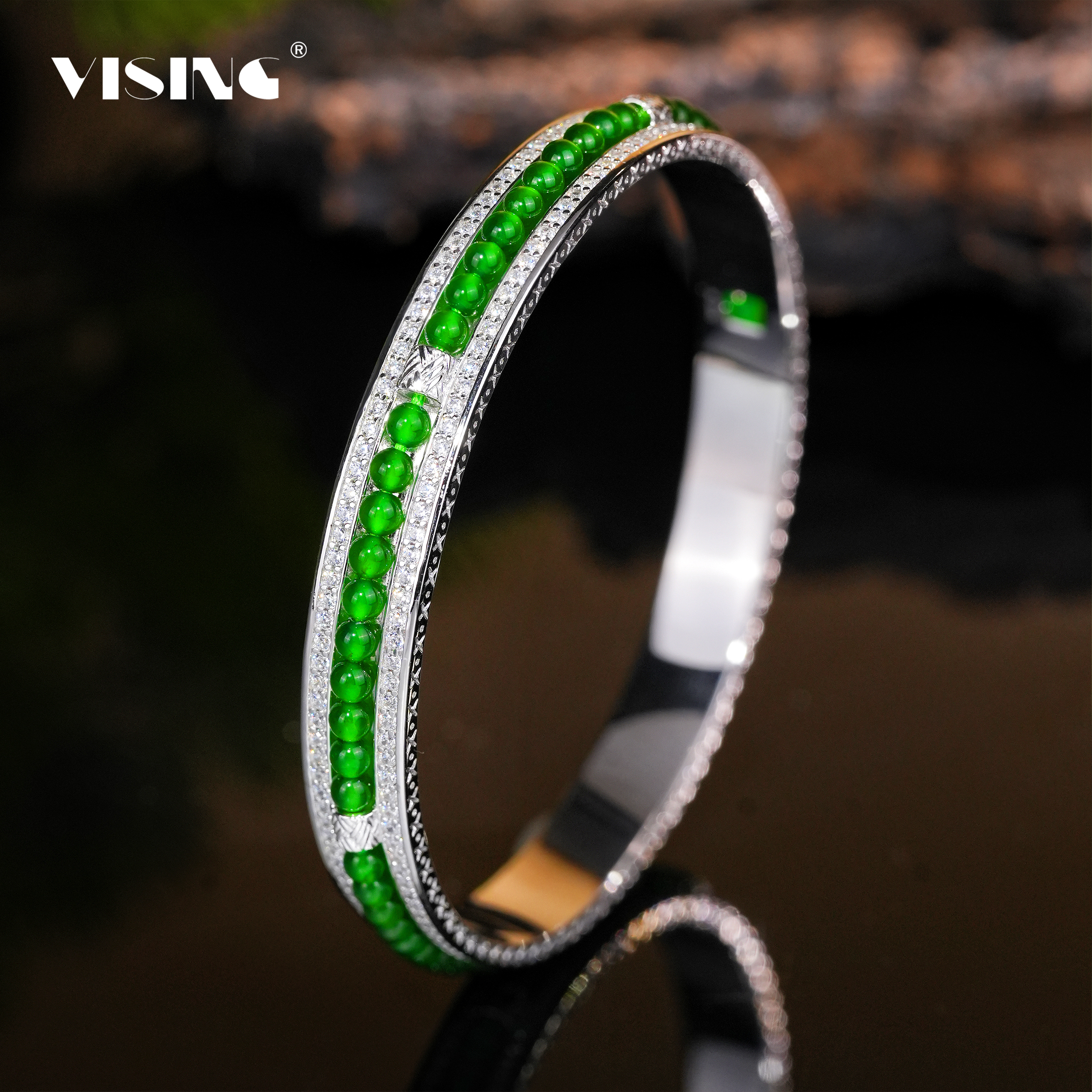 VISING珠宝天然A货翡翠小米珠镯子玻璃种帝王绿珠珠翡翠手镯