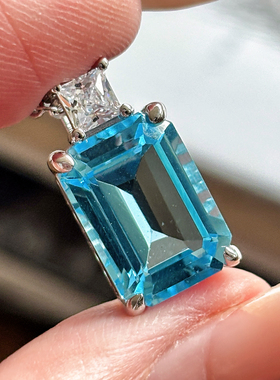 VISING珠宝天然10克拉海蓝宝色托帕石吊坠项链锁骨链