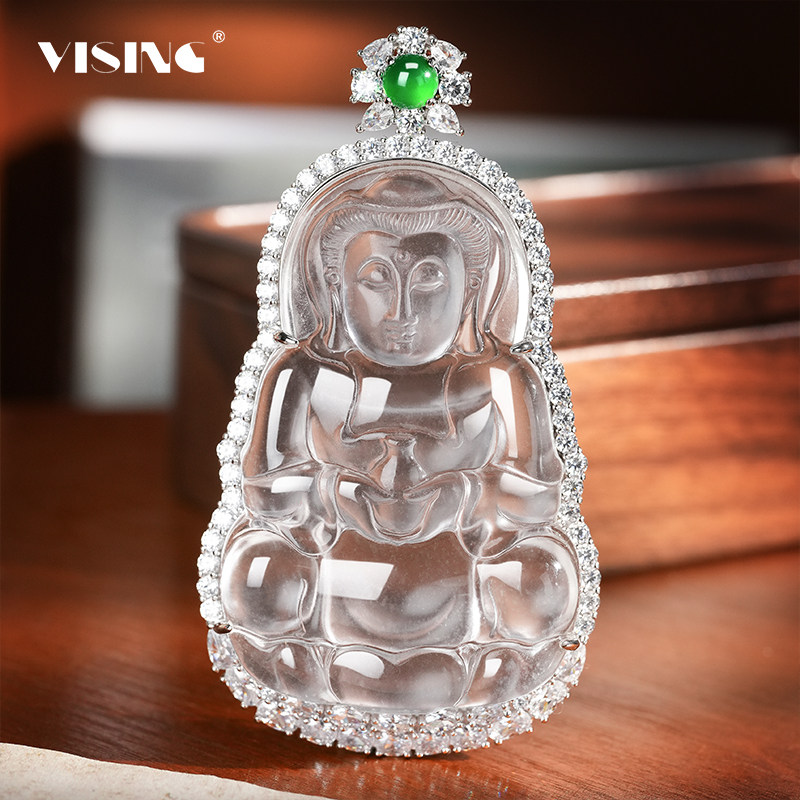 VISING珠宝天然石英质玉水沫子观音大尺寸吊坠项链送礼媲美翡翠