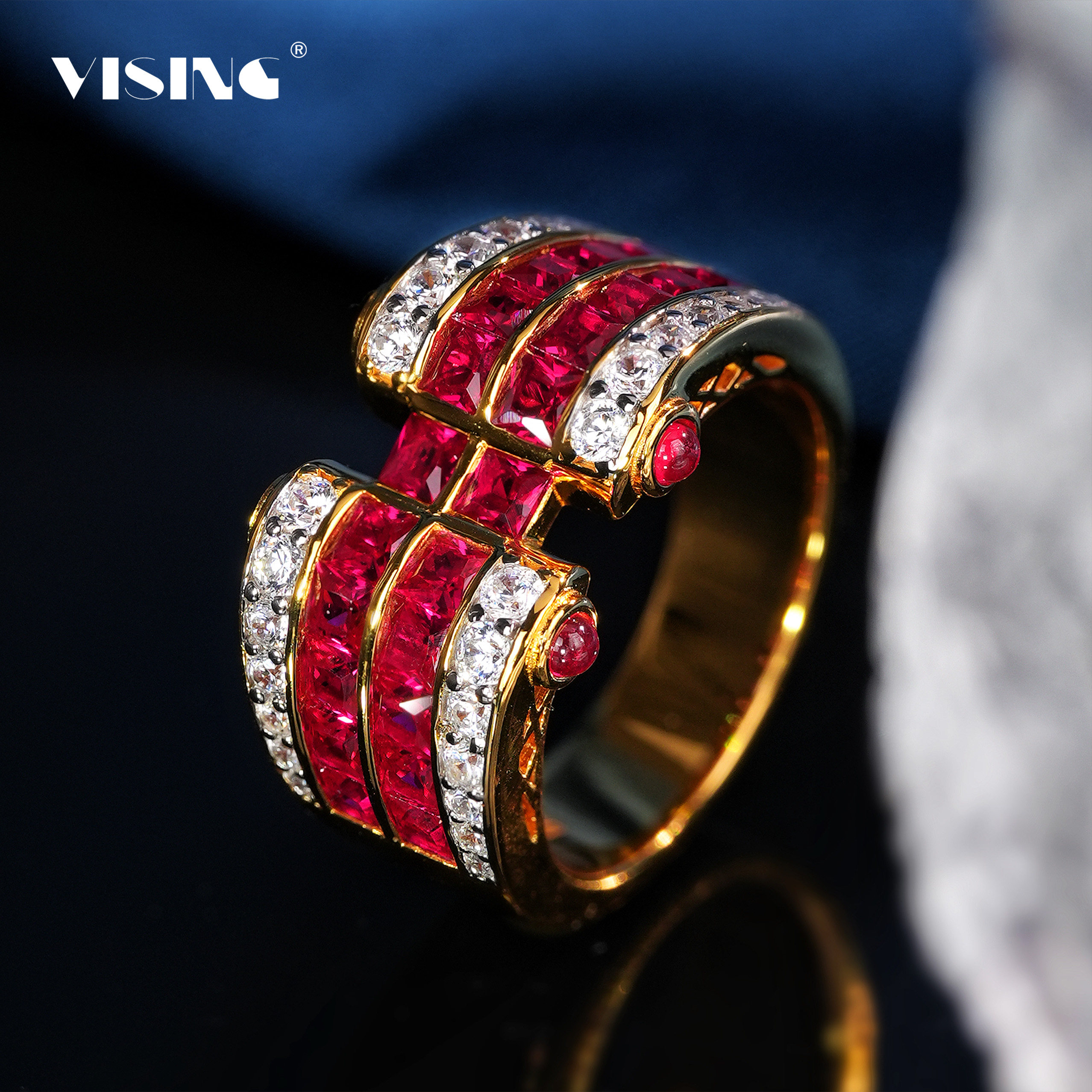VISING珠宝培育红宝石《彩虹桥》黄金色戒指指环S925银
