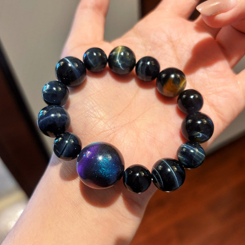 VISING珠宝梦幻电光蓝非遗大漆蓝金虎眼石手串