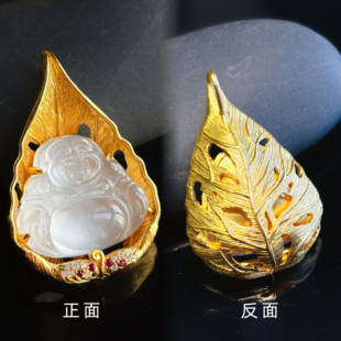 VISING珠宝天然石英质玉水沫玉佛公吊坠黄金色菩提叶子项链S925银
